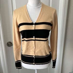 Saks Fifth Avenue VTG Cashmere Black & Tan Striped Sweater Made in Hong Kong